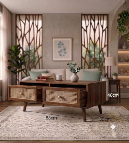 Image of Solid Sheesham Wood Coffee Table & Center Table for Living Room with Rattan Cane Lift-Down Shutter & Open Shelf, Solid Wooden Teapoy for Sofa with Storage | Tea Table