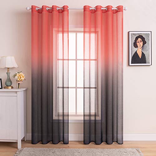 MIULEE Lot de 2 Voilages Dégradé à Oeillet Rideaux Moustiquaires de Fenêtre en Polyester de Couleur Changée Voile Semi-Transparent Décoration à Salon Chambre Bureau 140x260CM(L X H) Rouge et Noir