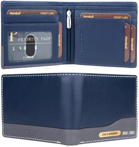 Image of HORNBULL Men's Personalized Wallet I Customized Slim Stylish Leather Purse with Name I Unique Birthday Gift for Men Boy Love Husband (Navy /Gry)