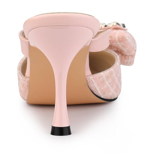 Allegra K Women's Pointed Toe Tweed Rhinestone Bow Stiletto Heels Pink Mules 7 M US