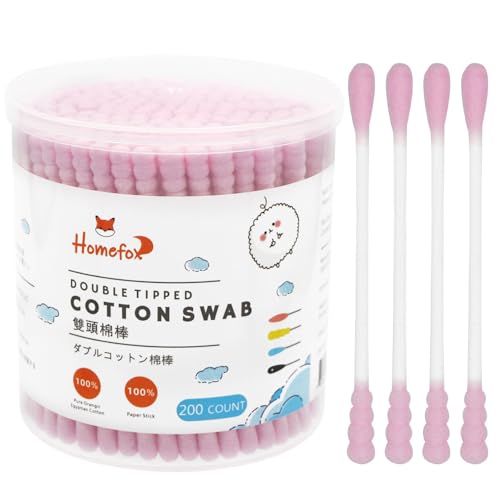 HOMEFOX Pink Cotton Swabs Spiral - 200 Count Organic Cotton Buds Double Side Tightly Wrapped Cotton Tips Paper Stick Soft Gentle Lint-Free Cruelty-Free, Round & Spiral (Pink)