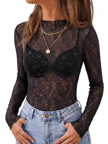 BTFBM Womens Tops Mesh Lace Long Sleeve Tops for Women 2026 Spring Fall Sexy Sheer See Through Tight Party Club Outfits(Black, Small) — view 2