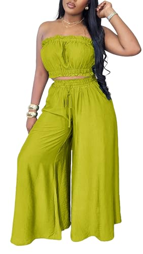 Two Piece Sets for Women Summer Outfits Crop Tops and Wide Leg Pants Sets Sexy Jumpsuits Vacation Outfits with Pockets Grass Green M