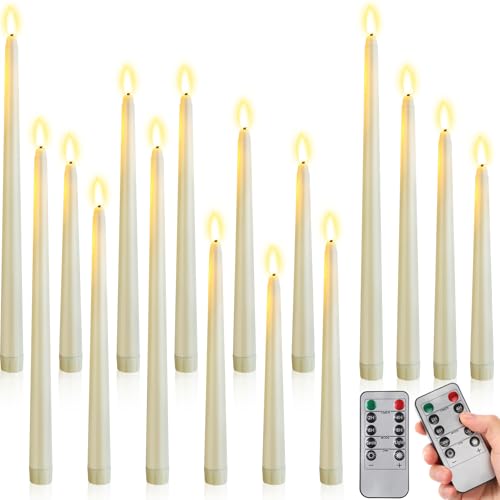 Image of Rossesay 16 Pcs Ivory Flameless Taper Candles Battery Operated Candles with Remote Timer 8.5 inch 9.6 inch 10.8 inch 12.8 inch LED Flameless Flickering Candlestick for Halloween Christmas Wedding Party Decor