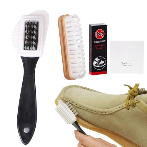 Juego de 2 cepillos de ante para zapatos, versátil, 4 lados, cerdas de latón, cuidado de ante con goma de borrar, paño de limpieza para piel de nobuck, ante