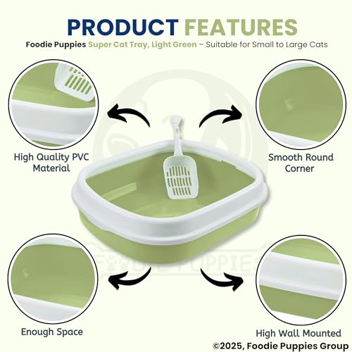 Image of Foodie Puppies Cat Litter Box Tray with Rim and Scooper - (Light Green) (Large, 46 x 38 x 13 cm) | Semi-Closed Design and Durable Quality | Pet Litter Sand Tray Suitable for All Adult Cats & Kittens