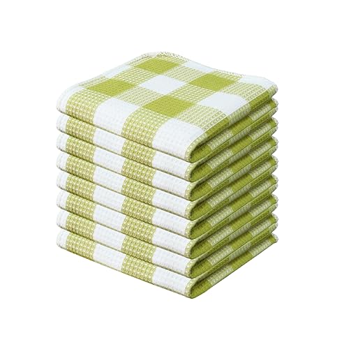 Waffle Weave Plaid Dish Cloths, 100% Cotton - 12 x 12 Inches, Ultra Soft Absorbent Quick Drying Dish Towels Buffalo Check Dish Rags for Kitchen, 8 Pack - Fall Thanksgiving - Light Green & White