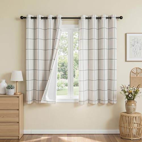 Image of MYSKY HOME 100% Blackout Plaid Linen Kitchen Curtains 54 Inch Length 2 Panels- Double Layer Farmhouse Thermal Insulated Black Out Windowpane Checkered Patterned Grommet Drapes, 2 Pcs, W52, Deep Grey