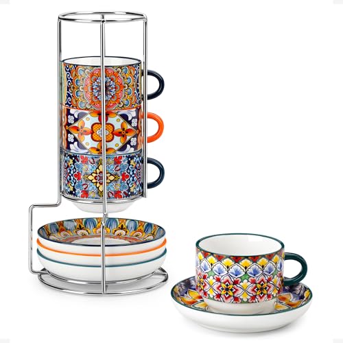 vancasso SIMI Lot de 8 Tasses à Café avec Soucoupes (270ml) - Service à Café avec Support Métal pour 4 Personnes - Porcelaine pour Expresso, Cappuccino - Style Bohème - Passe au Micro-Ondes