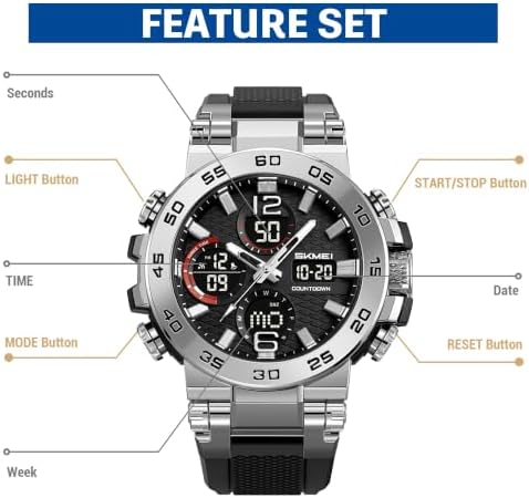 SKMEI Men’s Analog Digital Sports Watch, 50M Water-Resistant Dual Display Wristwatch with Stopwatch, Alarm, LED Backlight, Date and Day, Large Dial Outdoor Watch with TPU Strap (Silver) — view 6