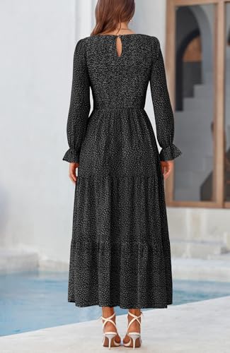 Image of BTFBM Women Casual Long Sleeve Crew Neck Fall Dress Bohemian Relaxed Fit Floral Flowy Maxi Dresses Tiered Cocktail Dress