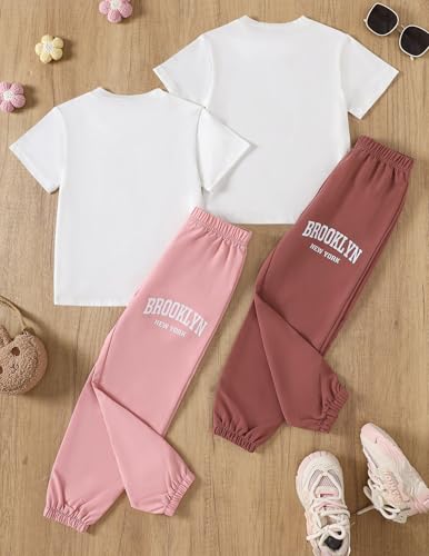 Image of Girls 6 Piece Outfits Casual Cargo Jogger Pants and Basic Love Graphic Print Short Sleeve Top Set 4-12 Years