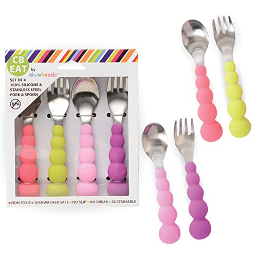 Image of Chewbeads - Toddler Utensils Set - 4 Piece Baby, Kid or Toddler Silverware Set - Toddler Spoons and Forks Flatware - 100% Safe, BPA Free & Phthalate Free (Pink/Purple)