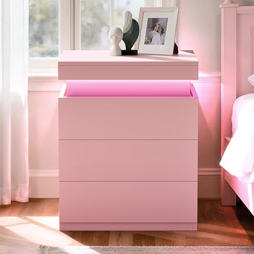 ADORNEVE Nightstand with Charging Station and LED Lights Night Stand with Sliding Top Bedside Table with Drawers Modern End Side Table for Bedroom Pink