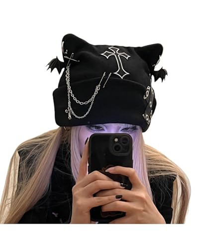 TYHOTULY Y2k Goth Beanie Hats for Women Winter Punk Emo Grunge Cat Ear Knitted Cap Gothic Streetwear Halloween Accessories (Black,One Size)