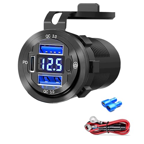 12V USB Car Socket, 3-Port Marine Aluminum USB Quick Charge Waterproof Cigarette Round USB C 12V Outlet for Car Golf Cart Boat Marine Bus Truck RV Marine Motorcycle etc(2QC+1PD(1Pack))