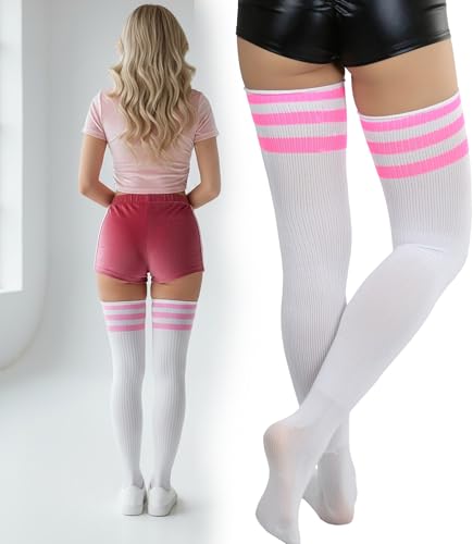 Image of ToBeInStyle Women's Heavyweight Knit Thigh High Long Socks w /Contrast 3 Stripe Top Band