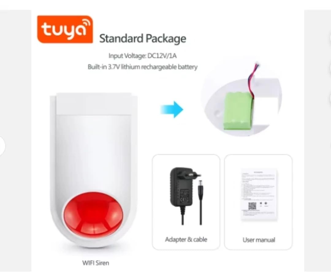 Sirène extérieure WiFi Tuya PST 120 DB avec Batterie Rechargeable et Alimentation, Compatible avec Les capteurs 433 MHz et l'application Tuya Smart Life pour la Maison connectée. Alarme antivol.