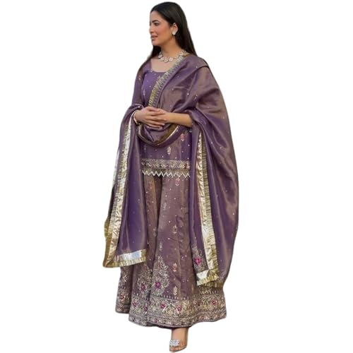 Image of Women's Designer Sharara Suit Set, Purple Silk with Zari Embroidery, Traditional 3-Piece Ethnic Wear