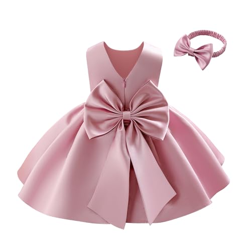 Miipat Baby Mädchen Kleid Satin Bowknot A-Linie Taufkleid Ärmellos Kleinkind Prinzessin Geburtstags Kleider Kinder Hochzeit Blumenmädchenkleid Festlich Partykleid(Bohnen rot, 12-18 Monate)