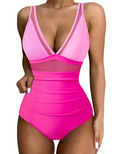 SUUKSESS Traje de baño Sexy de Malla con Control de Abdomen y Cintura Alta para Mujer, 10 Bloques de Color Rosa, Large