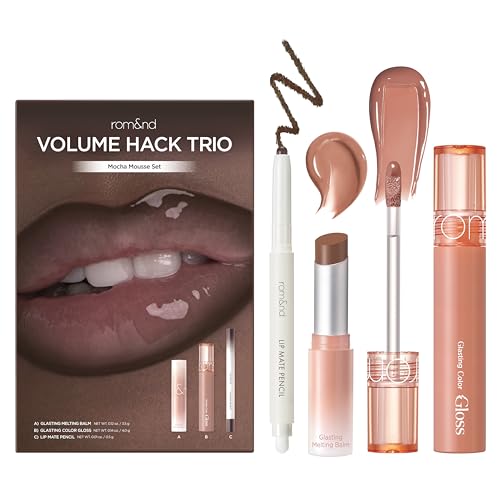 rom&nd Volume Hack Trio | 3-Step Plumping Lip Combo Set | Korean Lip Kit | Hydrated & Glossy Look | Trending on TikTok | Fuller Looking Finish | Mocha Mousse Set