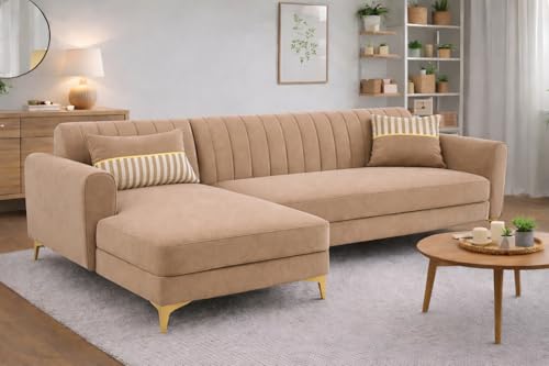 Image of Adorn India Premium Luster 6 Seater L Shape Sofa Set | Velvet Suede Fabric | 3-Year Warranty | LHS |Color Beige with Golden Legs & Striped Pattern Cushion