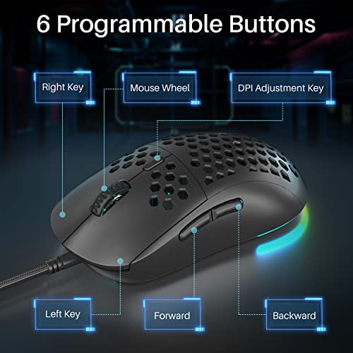 Dierya Gaming Mouse, 12800Dpi Optical Sensor, 6 Programmable Buttons, Customizable Rgb Black Honeycomb Mouse, Drag-Free Paracord Wired Mouse, Ergonomic Design Computer Mouse For Windows Pc Gamers #TOP5