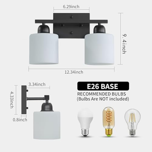 Image of Bath Vanity Lights for Mirror, Restroom Lights Fixtures with Milky White Frosted Glass Shades,Bathroom Over Sink Light Fixtures (Black & Milky White Glass, 2-Light)