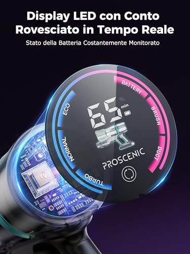 Proscenic P16 Aspirapolvere Senza Fili Potente 550W/50KPA/65min, Scopa Elettrica Senza Fili con Bacchetta Pieghevole, Spazzola Antigroviglio, Batteria Rimovibile per Pavimenti/Tappeti(Grigio) - Immagine 4