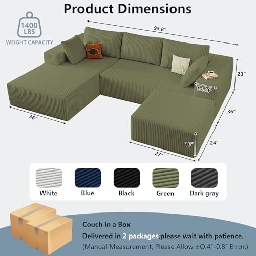 Image of 96 inch Boneless Cloud Sectional Couch Modular Sofa with Ottoman | Modern U-Shaped Couches, Comfy Corduroy Memory Foam Sofas with Oversized Chaise for Living Room (Green,Left-Facing Chaise)