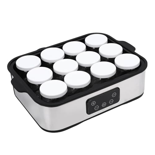 Oreilet Yogurtera con 12 Tarros Cristal, Máquina Hacer Yogur con Minutero 48H y Control Automático Temperatura con 12 Tarros Cristal Reutilizables 180Ml para Postre Griego Casero (Enchufe de la UE)