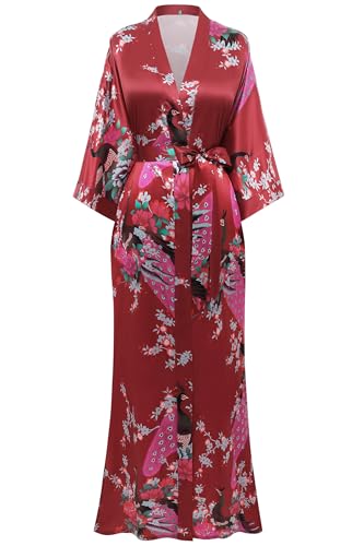 Image of BABEYOND Women's Kimono Robe Long Satin Robes with Peacock and Blossoms Printed Kimono Nightgown
