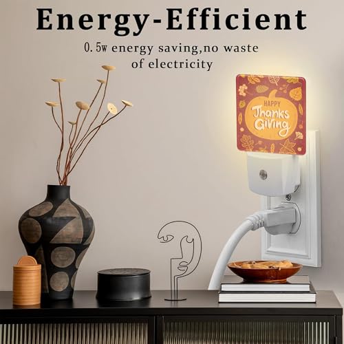Image of Happy Thanksgiving Night Light for Kids,Autumn Fall Orange Pumpkin Maple Leaf Night Light Plug in with Dusk to Dawn Sensor,0.5w Energy Saving Nightlight for Hallway Stairway Kitchen Bedroom