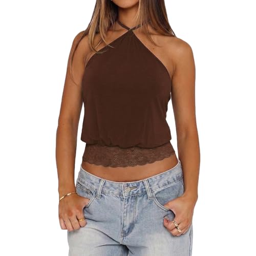 Womens Sexy Halter Tops Self Tie Lace Trim Cami Tank Cinched Waist Crop Shirt Cute Summer Y2K Going Out Tops (US, Alpha, Small, Regular, Regular, Brown)