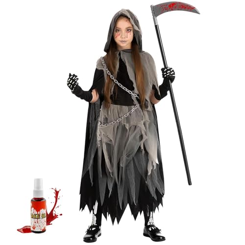 Huahuanghui Costume d'Halloween Faucheuse pour filles, costume effrayant pour enfants avec faucille et faux sang, costume Reaper pour carnavals et cosplay (taille L).
