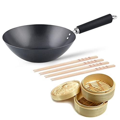Ken Hom großer Wok Induktion 27 cm Antihaft aus Karbonstahl mit Phenolharz-Griff - Wokpfannen Set inkl. Dampfkorb Ø 20 cm & 8 Stäbchen