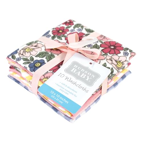 Image of Hudson Baby Unisex Baby Flannel Cotton Poly Washcloths, Pink Blue Pretty Floral 10 Pack, One Size