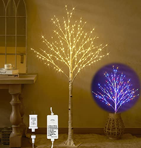 Hairui Pre Lit Birch Tree with 255L Multi Color and Warm White Fairy Lights 8 Functions 5FT Lighted Tree for Indoor Outdoor Halloween Christmas Holiday Party Decoration