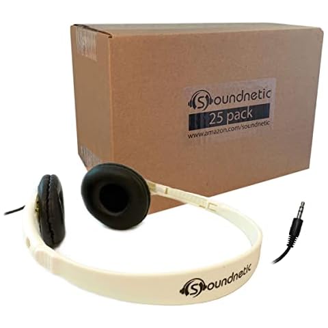 Soundnetic SN401 Classroom Stereo Headphones with Leatherette Earpads and 3.5 mm Plug, White, Count of 25, Pack of 1 Cover