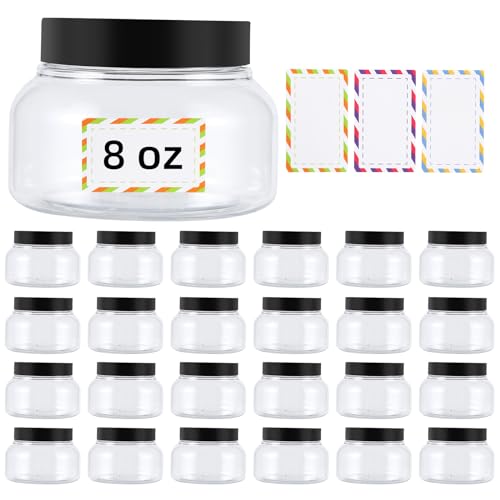 Entjor - Paquete de 24 recipientes de plástico de 8 onzas con tapas y etiqueta impermeable sin BPA, envases cosméticos transparentes recargables para mantequilla corporal, exfoliantes de azúcar, crema