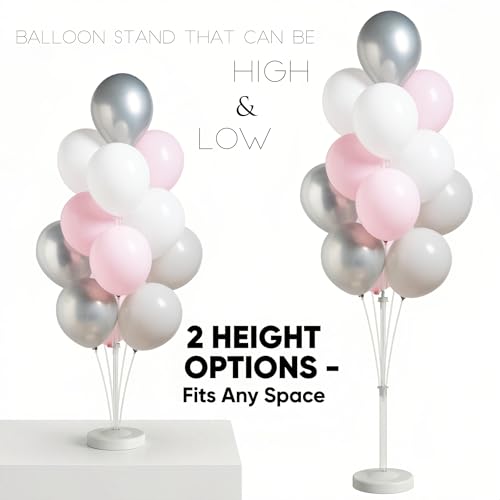 Image of 2 Set Balloon Stand Kit with Metallic Silver Pearl Light Balloons Column Kit for Floor&Table Backdrop Decor for Theme,Gender Reveal Party Weddind,Bridal Shower Birthday Graduation