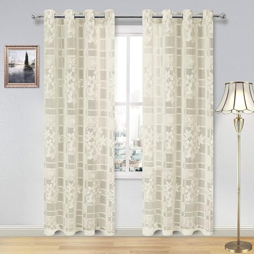 Image of Net Box Flower Design Window Curtains for Door. Long Door, Pooja Room, Drawing Room 4x5 feet Long Set of 2 Pcs, Cream