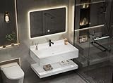 Générique Pack Meuble Simple Vasque Blanc Effet marbre en Ceramique avec Miroir LED (Blanc Effet Marbre, 100CM)