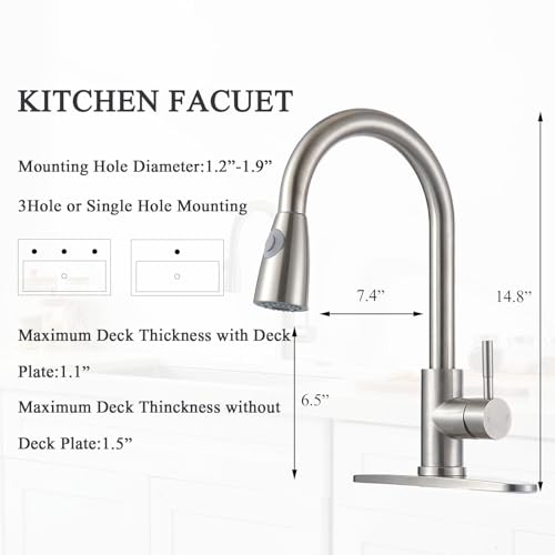 SHACO Kitchen Faucets with Pull Down Sprayer, Single Handle Stainless Steel Brushed Nickel Kitchen Sink Faucet, High Arc Pull Out Kitchen Faucet with Deck Plate, SC-KF100 by SHACO - Image 6