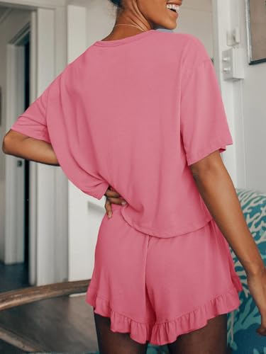 Image of Tankaneo Womens 2 Piece Shorts Set Summer Casual Short Sleeve T Shirts Drawstring Ruffle Shorts Pajamas Lounge Set