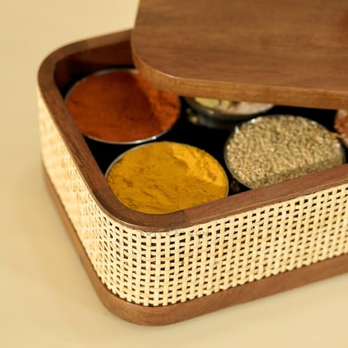 Image of Brick Brown Wooden Tresso Masala Box for Kitchen | Handcrafted Rattan Spice Box with 8 Steel Containers & Wooden Spoon | Masala Dani /Namak Dani | Masala Dabba Storage Box (10.6 x 5.9 x 5.5 Inch)