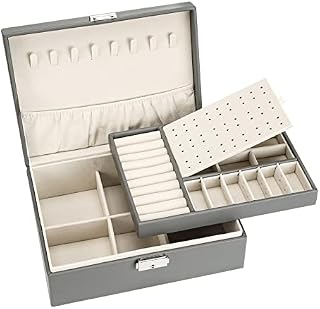 yumcute Jewellery Box for Necklace Earrings Bracelets Rings Accessories, 2-Layer Jewelry Storage Organiser, PU Leather Jewellery Boxes for Women Girls - Grey