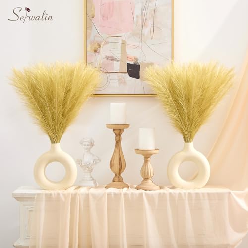 Image of Serwalin Gold Artificial Pampas Grass Decor, 17.7 Inch 6pcs Golden Realistic Faux Pampas Grass for Wedding Centerpieces, Home Decor, Table, Party Decorations