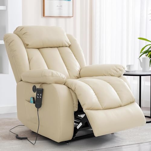 TEKAMON Power Lift Recliner Chair for Elderly with Heat & Massage, Dual Motor Breathable Leather Recliner, Lay Flat Sleeping Chairs with Infinite Position, Remote Control & USB Type-c Ports(Beige)